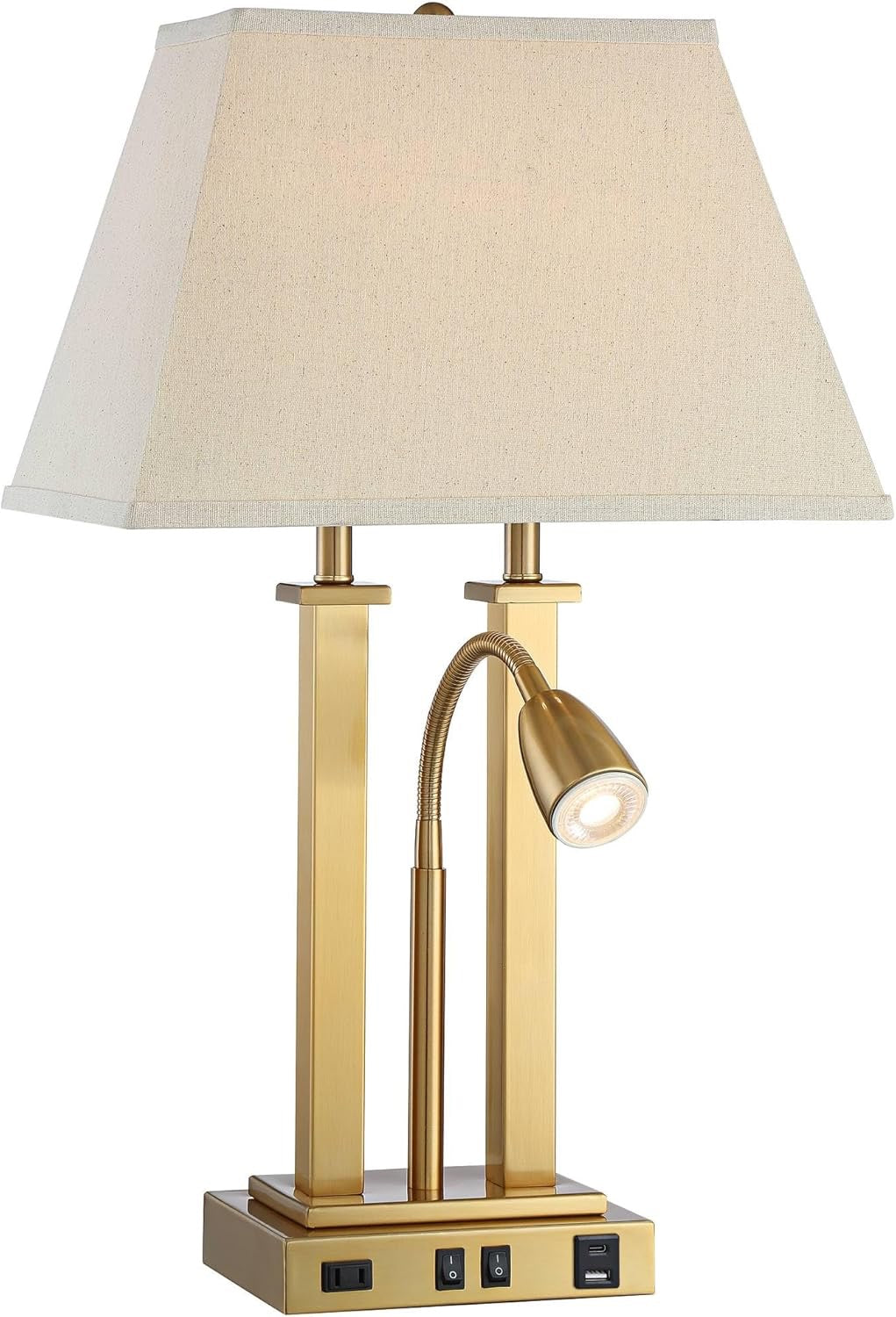 Possini Euro Design Deacon Desk Table Lamp | Antique Brass LED Lamp with USB & AC Outlet (26”)
