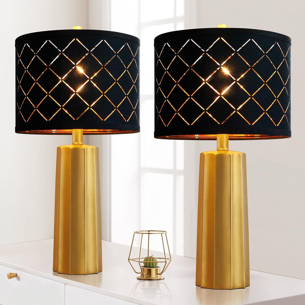 RORIANO Modern Gold Table Lamps (Set of 2) | Resin Base with Black Grid Shade (Bulbs Included)