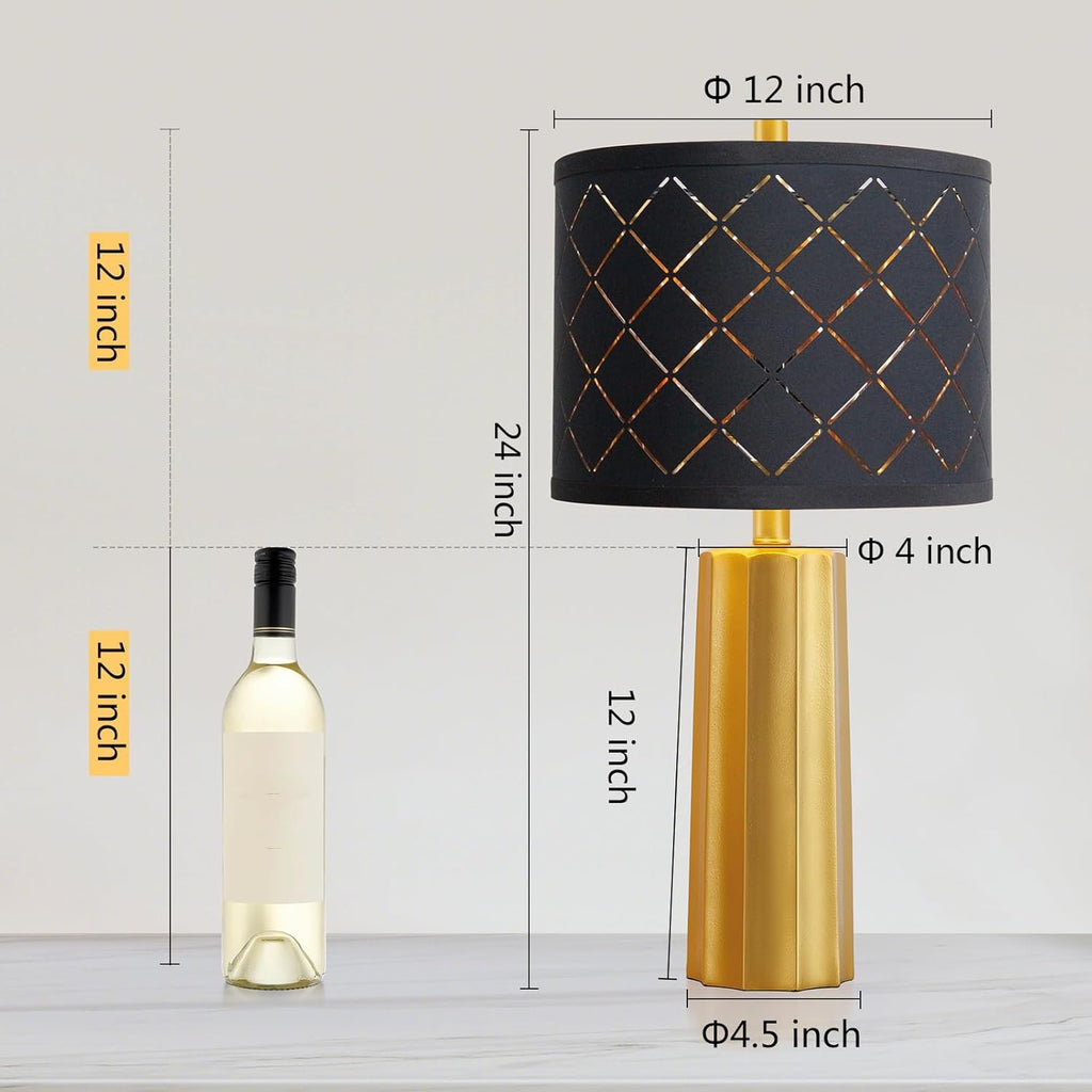 RORIANO Modern Gold Table Lamps (Set of 2) | Resin Base with Black Grid Shade (Bulbs Included)