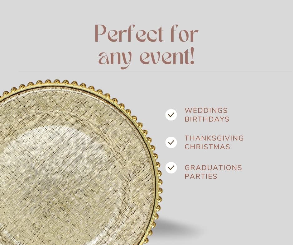 Ms Lovely Cross Stitch Glass Charger Plates 13 Inch Gold Set of 4 | Beaded Rim Elegant Dinner Charger Plates