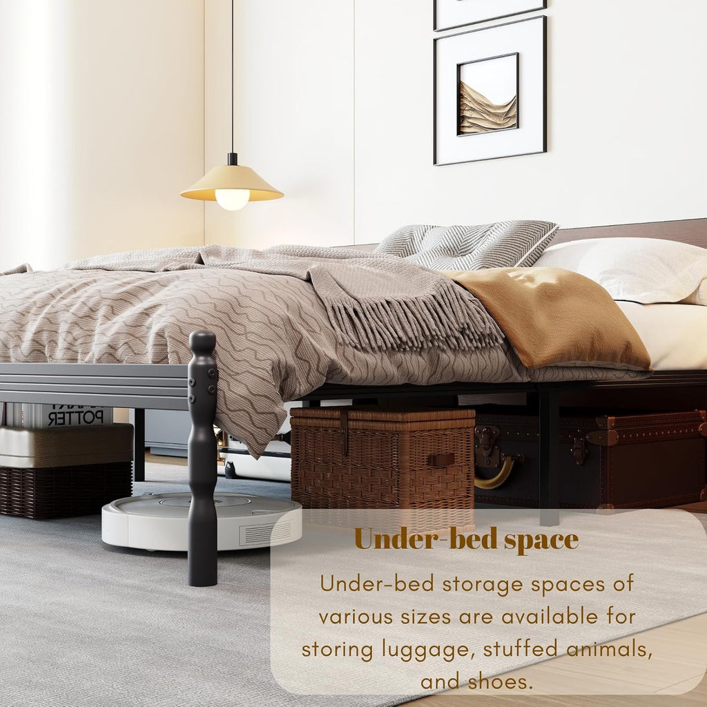 COMASACH Heavy Duty King Platform Bed Frame | Metal Frame with Storage & Mattress Stopper – Black