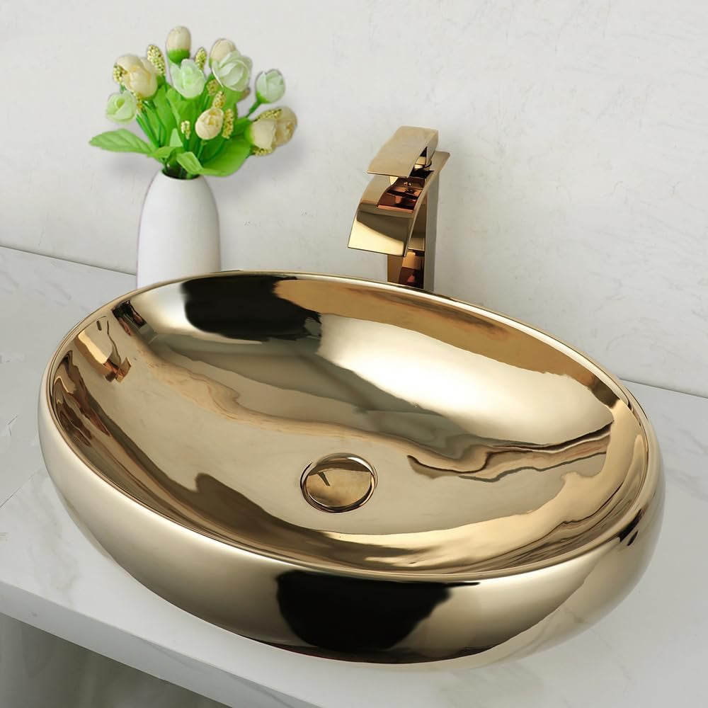 23 Inch Gold Ceramic Vessel Sink with Waterfall Faucet | Oval Above Counter Bathroom Sink with Pop-Up Drain