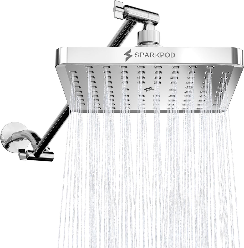 SparkPod Square Rain Shower Head with 16” Extension Arm | High-Pressure Chrome Rainfall Showerhead