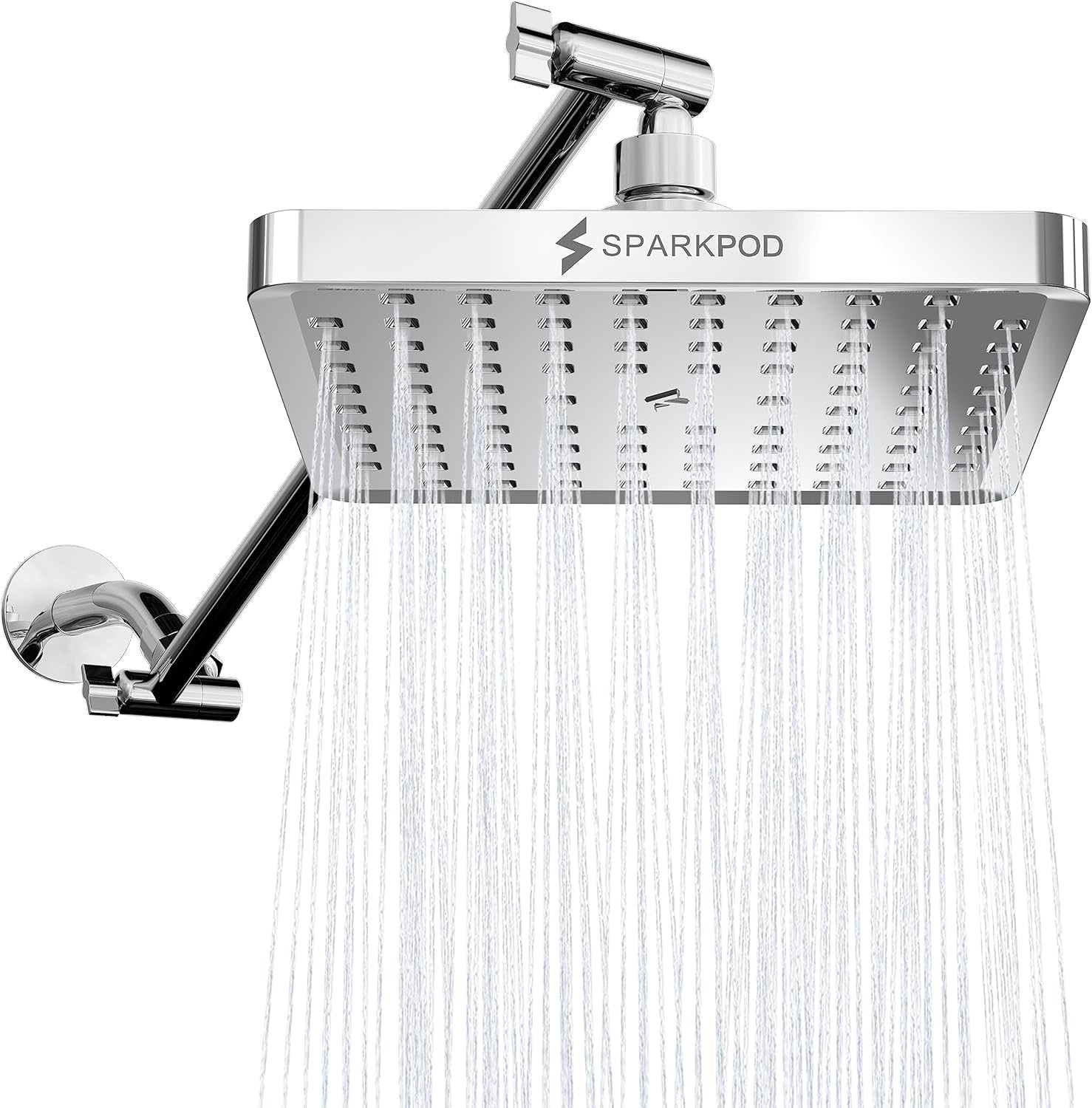 SparkPod Square Rain Shower Head with 16” Extension Arm | High-Pressure Chrome Rainfall Showerhead