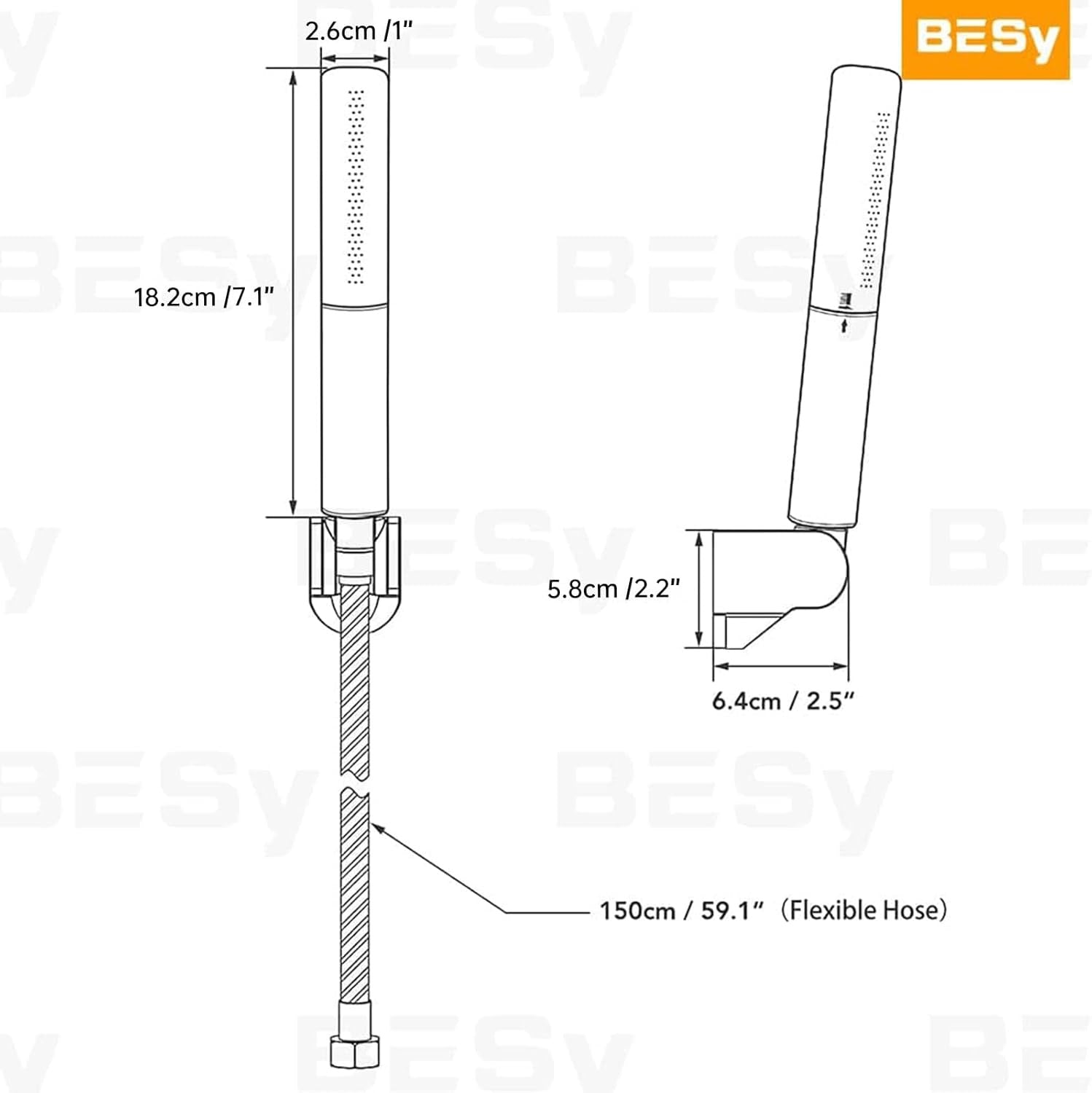 BESy 2-in-1 High-Pressure Handheld Shower Head Set | 7” Chrome Shower Head with 59” Hose & Bracket