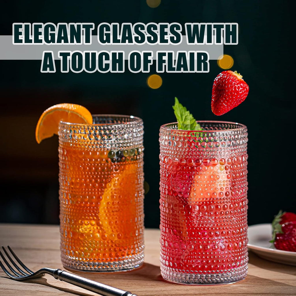 Hobnail Drinking Glasses Set (8-Piece) | Embossed 12oz Highball & Rocks Cocktail Glassware