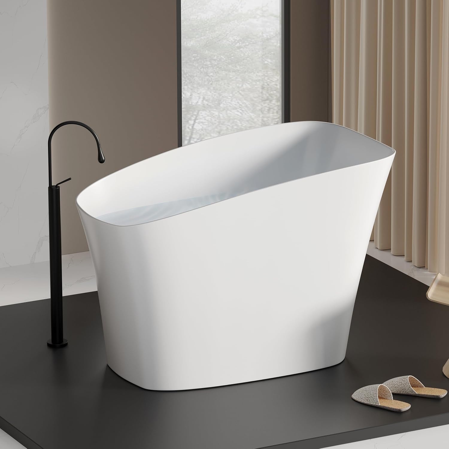 51-Inch Japanese Soaking Tub – Freestanding Stone Resin Deep Soaking Bathtub with Built-In Seat