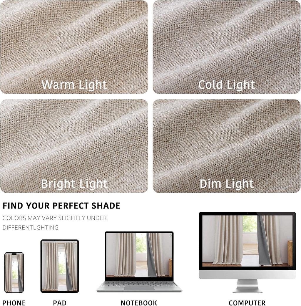 NICETOWN 100% Blackout Linen Curtains – 90-Inch Natural Linen Thermal Insulated Drapery Panels