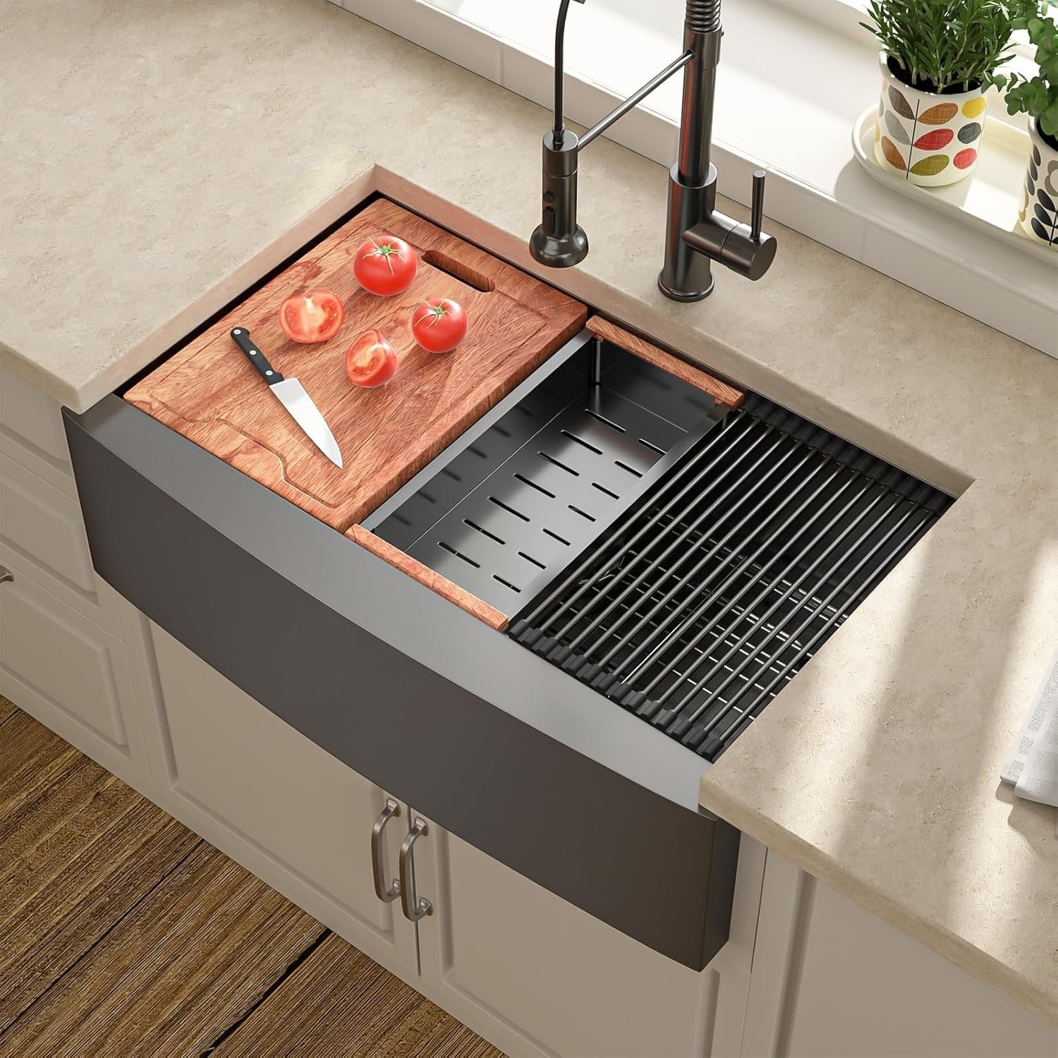 Lordear 33” Gunmetal Black Farmhouse Kitchen Sink | Stainless Steel Apron Front Workstation Sink