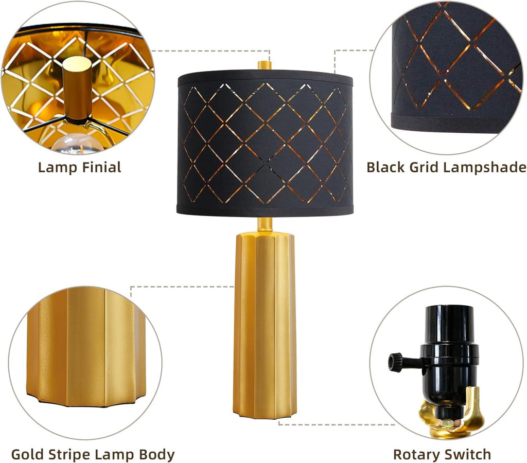 RORIANO Modern Gold Table Lamps (Set of 2) | Resin Base with Black Grid Shade (Bulbs Included)