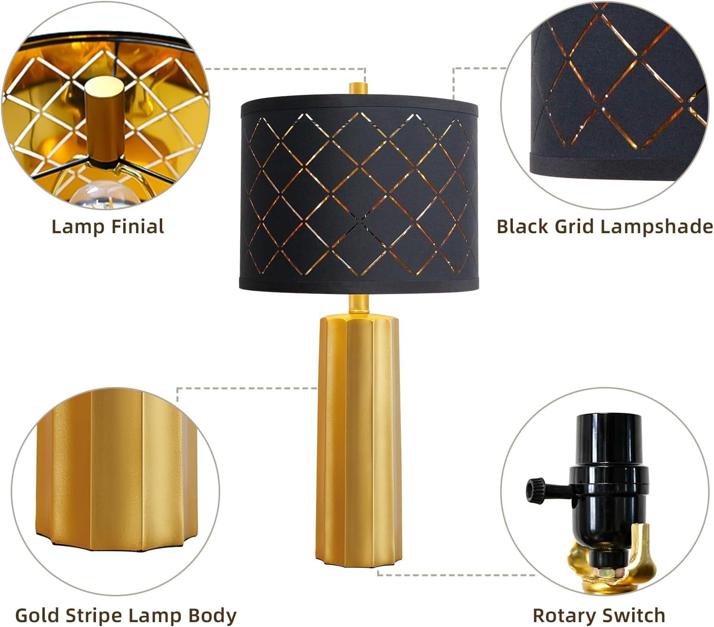 RORIANO Modern Gold Table Lamps (Set of 2) | Resin Base with Black Grid Shade (Bulbs Included)