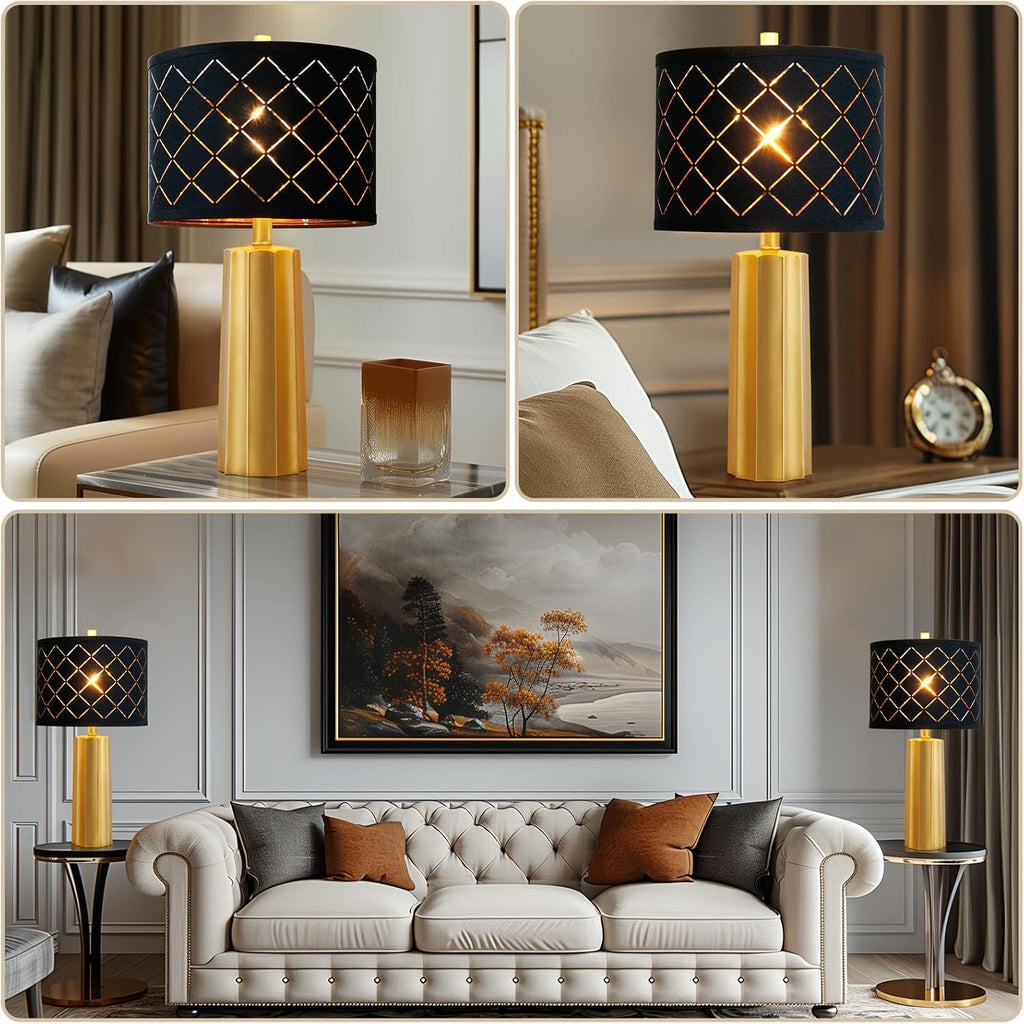 RORIANO Modern Gold Table Lamps (Set of 2) | Resin Base with Black Grid Shade (Bulbs Included)
