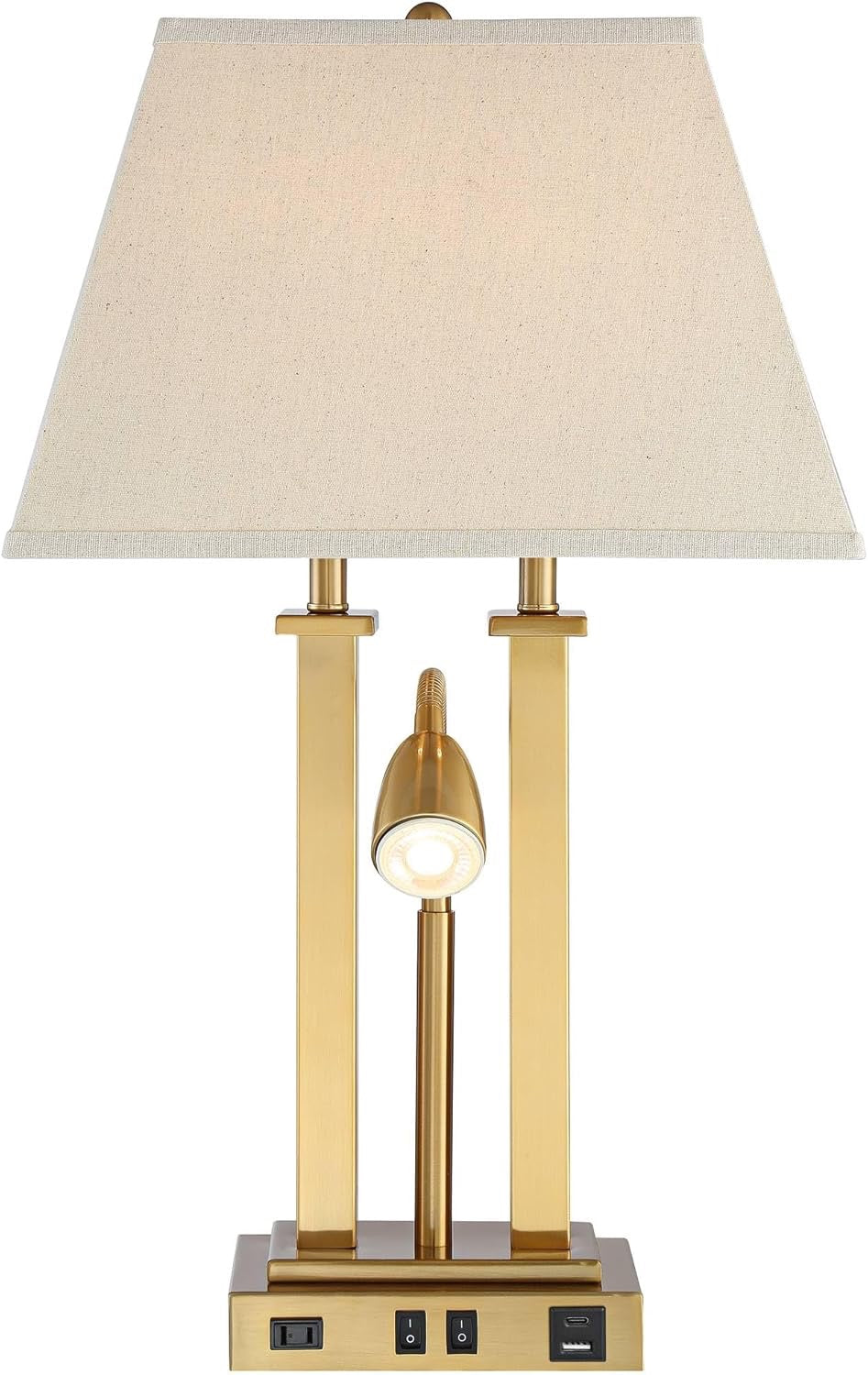 Possini Euro Design Deacon Desk Table Lamp | Antique Brass LED Lamp with USB & AC Outlet (26”)