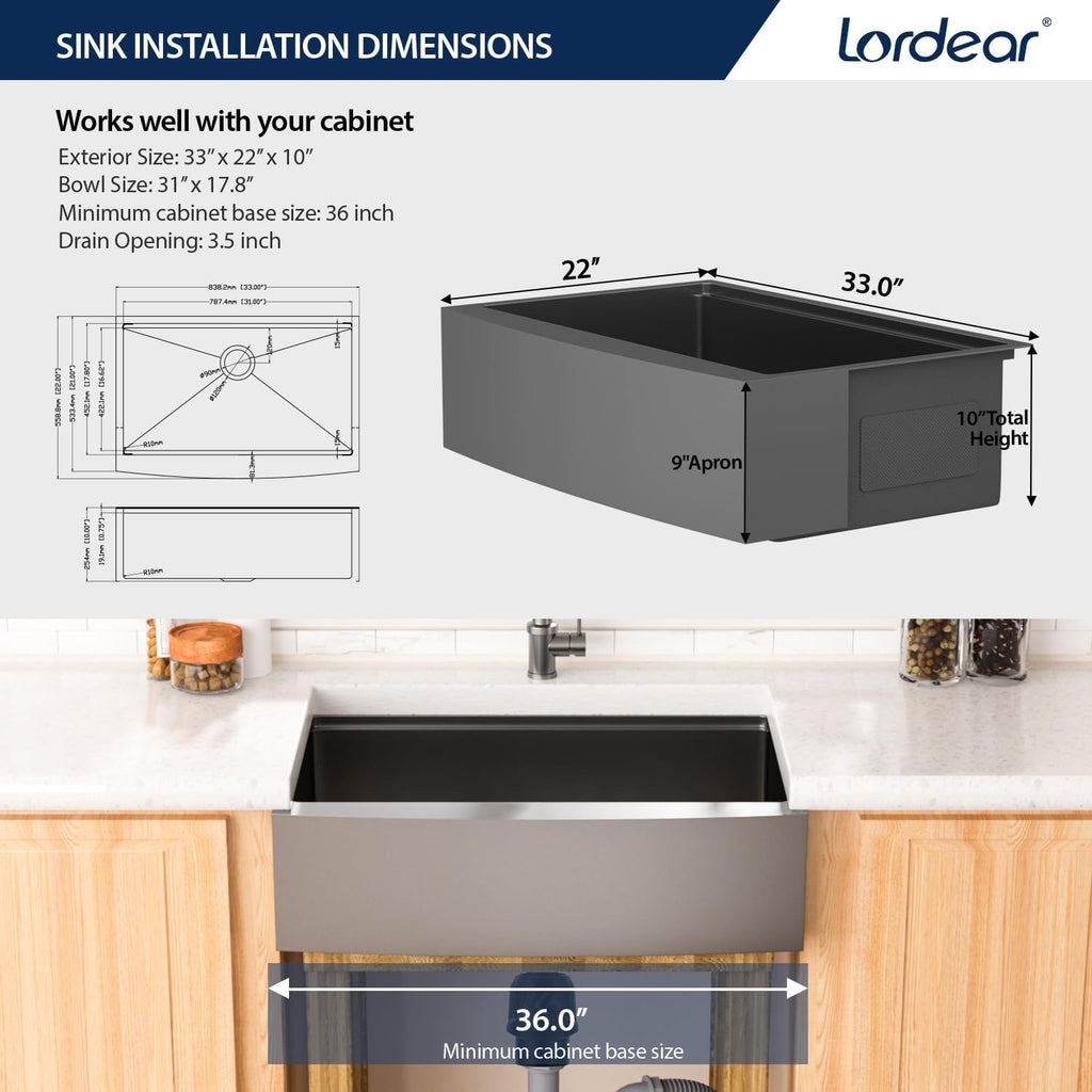 Lordear 33” Gunmetal Black Farmhouse Kitchen Sink | Stainless Steel Apron Front Workstation Sink