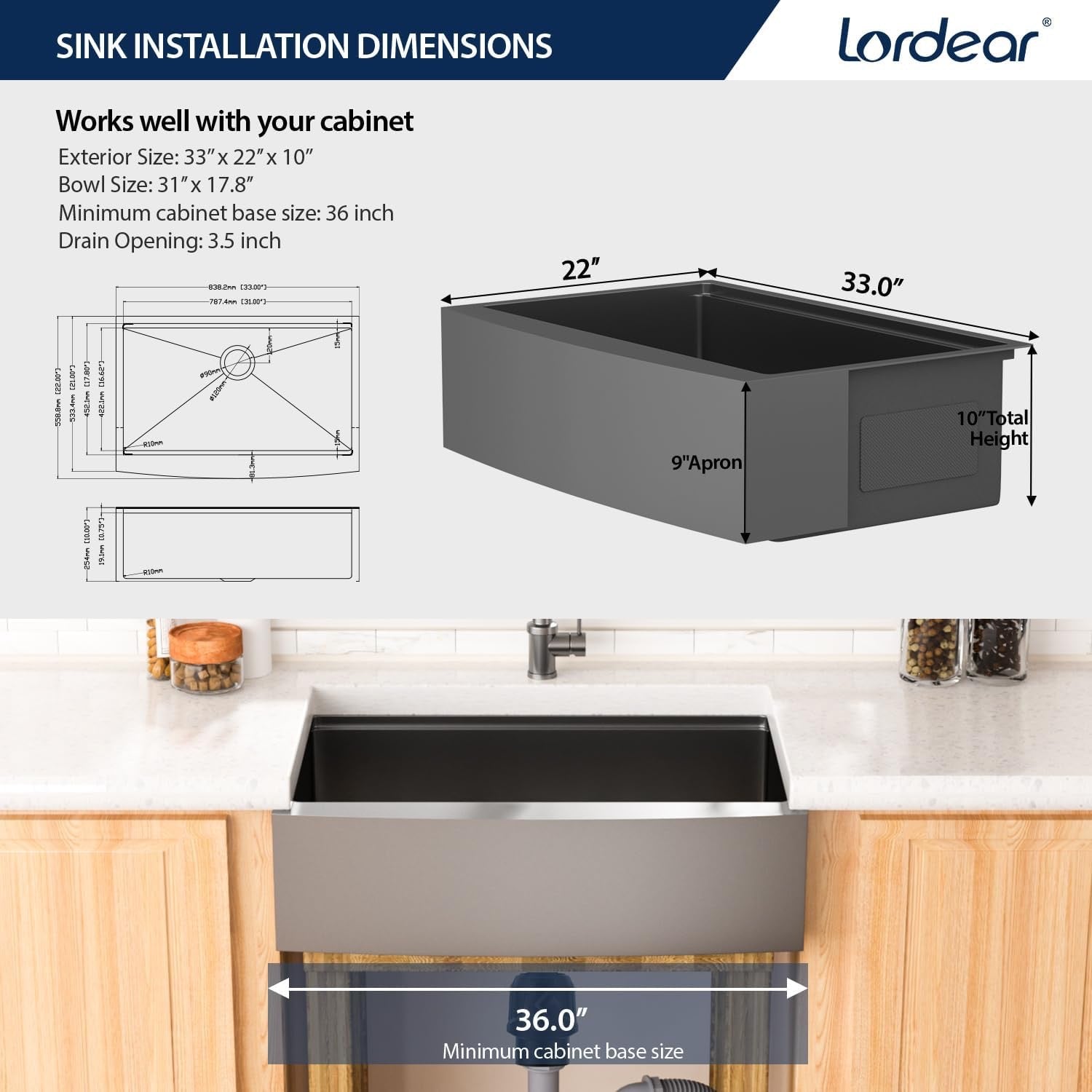 Lordear 33” Gunmetal Black Farmhouse Kitchen Sink | Stainless Steel Apron Front Workstation Sink