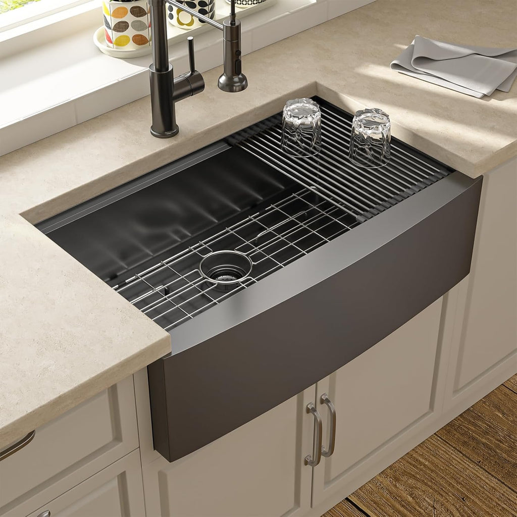 Lordear 33” Gunmetal Black Farmhouse Kitchen Sink | Stainless Steel Apron Front Workstation Sink