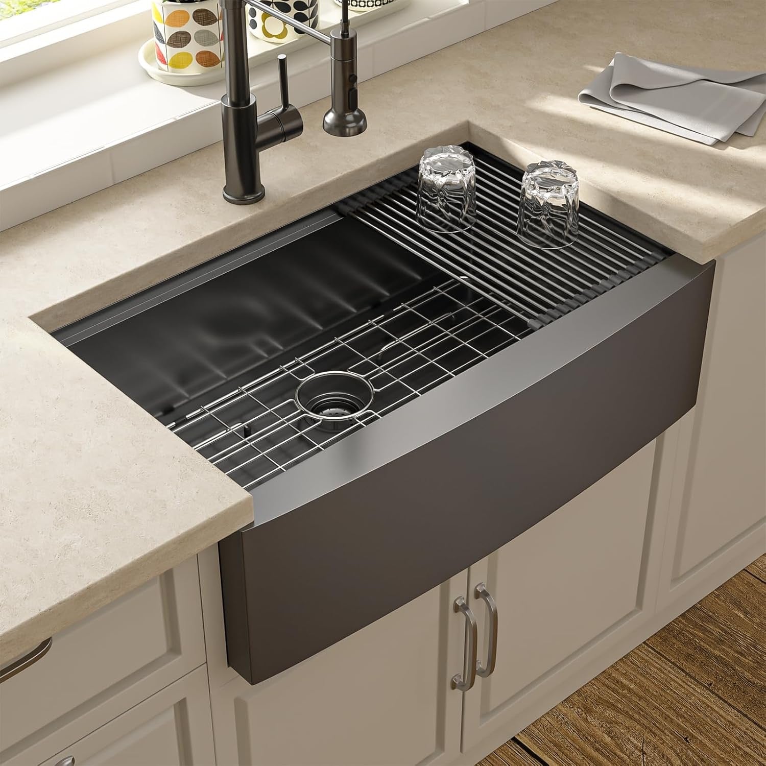 Lordear 33” Gunmetal Black Farmhouse Kitchen Sink | Stainless Steel Apron Front Workstation Sink