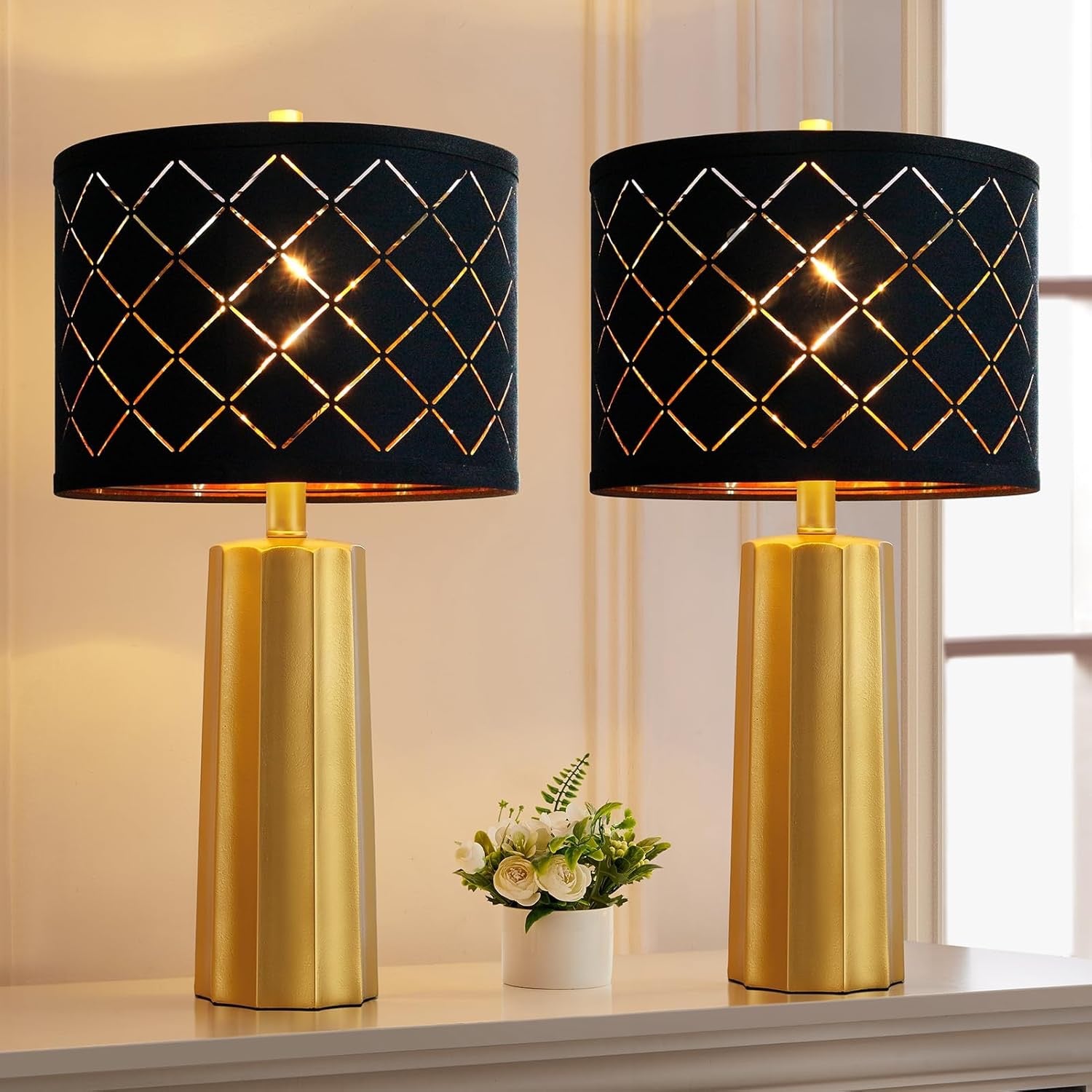 RORIANO Modern Gold Table Lamps (Set of 2) | Resin Base with Black Grid Shade (Bulbs Included)