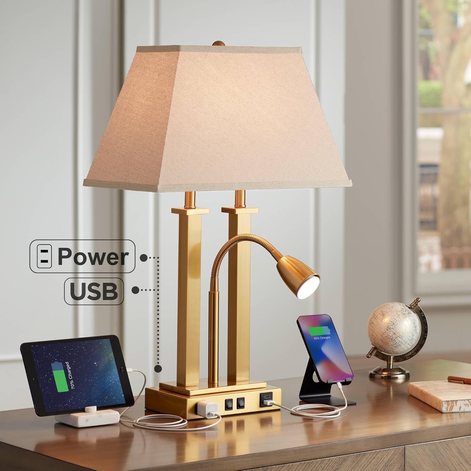 Possini Euro Design Deacon Desk Table Lamp | Antique Brass LED Lamp with USB & AC Outlet (26”)
