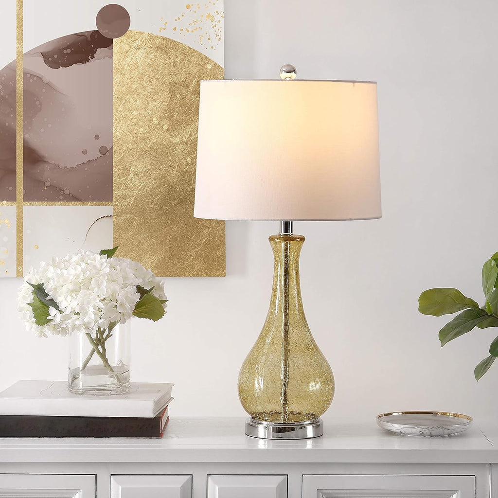 SAFAVIEH Finnley 28” Amber Crackle Glass Table Lamp | Modern LED Accent Lamp for Bedroom & Living Room