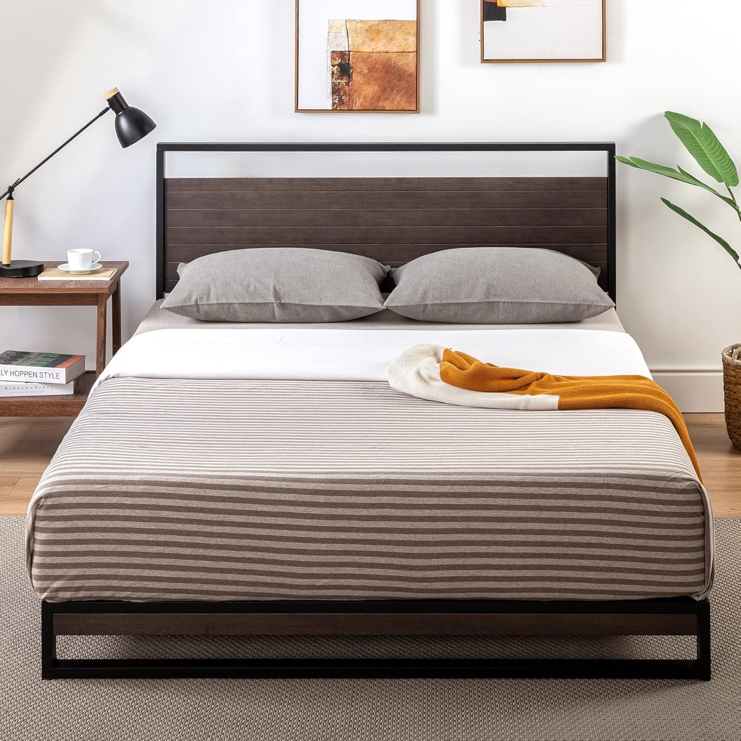 Zinus Suzanne Bamboo & Metal King Platform Bed Frame | Low Profile Grey Wash Bed Frame