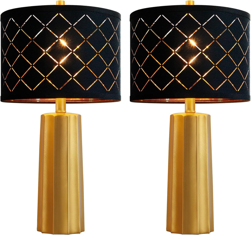 RORIANO Modern Gold Table Lamps (Set of 2) | Resin Base with Black Grid Shade (Bulbs Included)