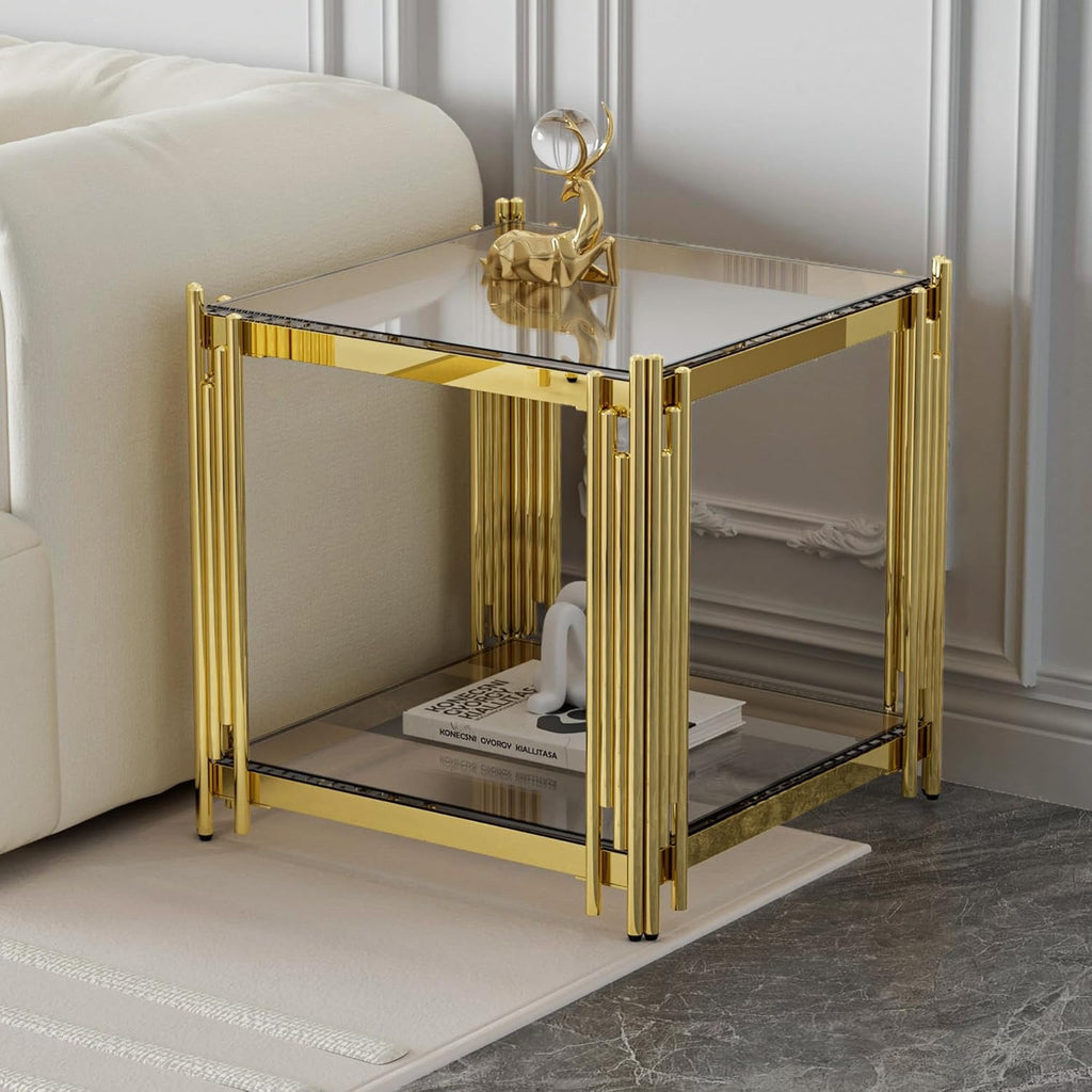 Luxury Gold Square Glass End Table 19.7" | Modern Stainless Steel Side Table with Clear Tempered Glass
