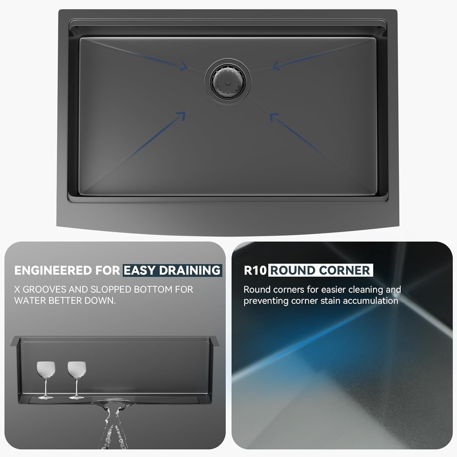 Lordear 33” Gunmetal Black Farmhouse Kitchen Sink | Stainless Steel Apron Front Workstation Sink