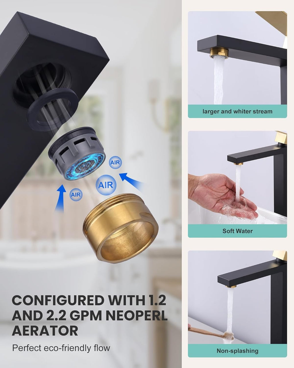 ARCORA Black & Gold Tall Vessel Sink Faucet | Single Handle Bathroom Mixer Tap with Pop-Up Drain