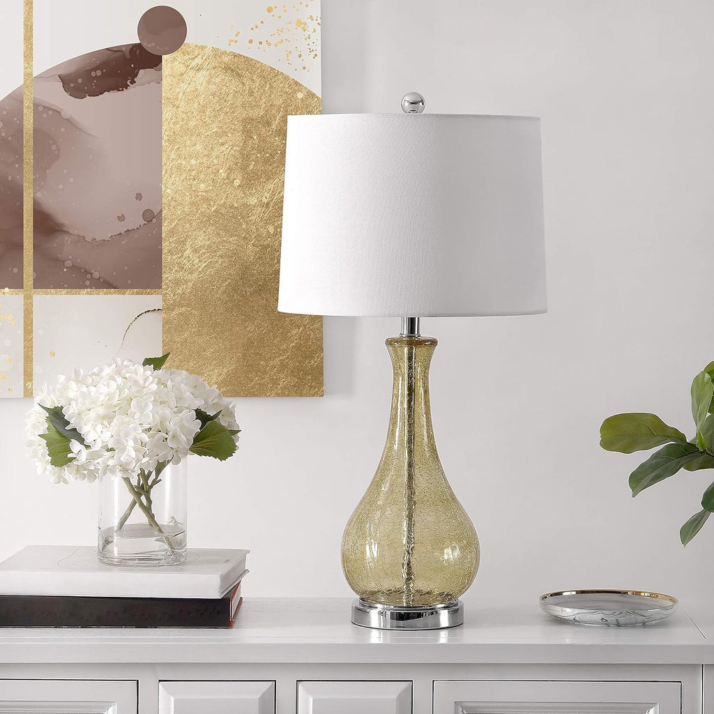 SAFAVIEH Finnley 28” Amber Crackle Glass Table Lamp | Modern LED Accent Lamp for Bedroom & Living Room