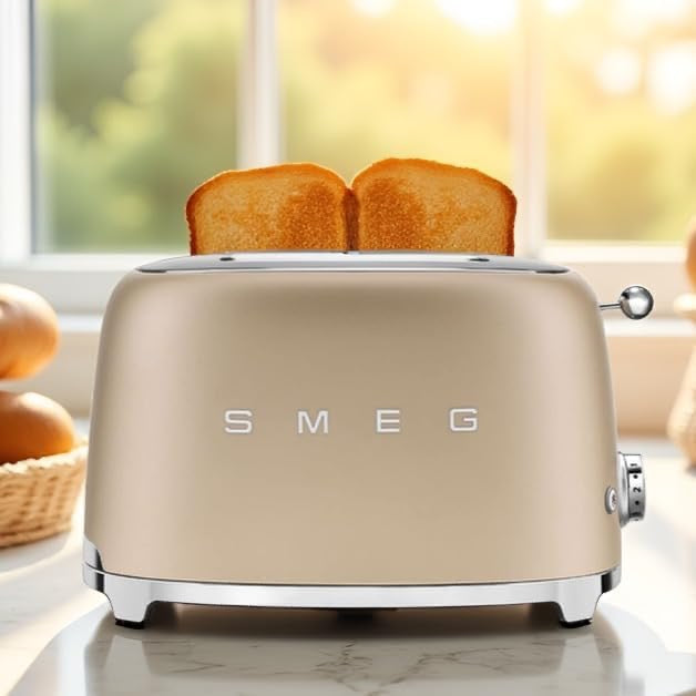 SMEG 2-Slice Toaster | Retro Luxury Toaster with 6 Presets & Defrost Function (Matte Champagne)