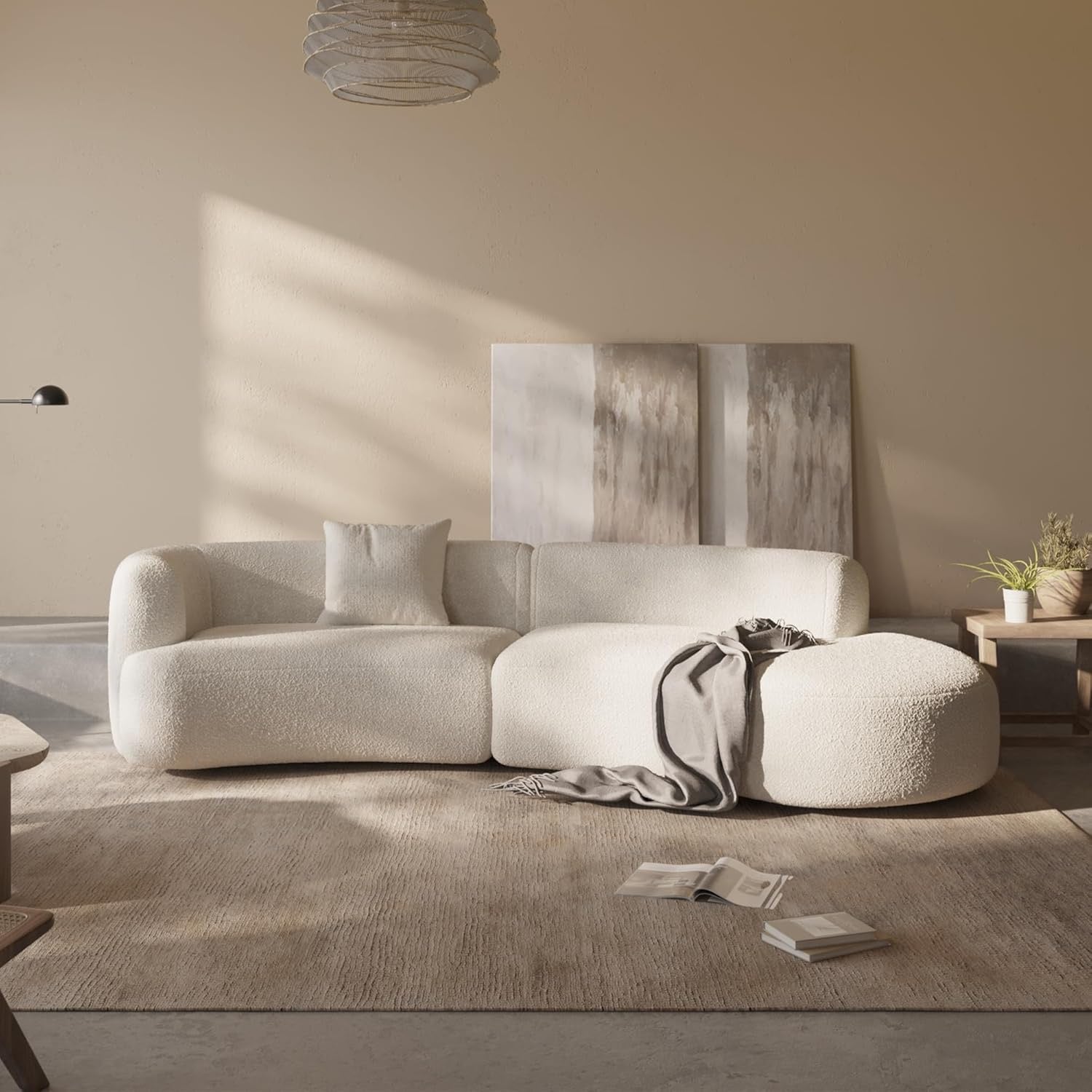 Acanva 114" Curved Bouclé Sectional Sofa | Modern Modular White Couch (Right-Hand Facing)