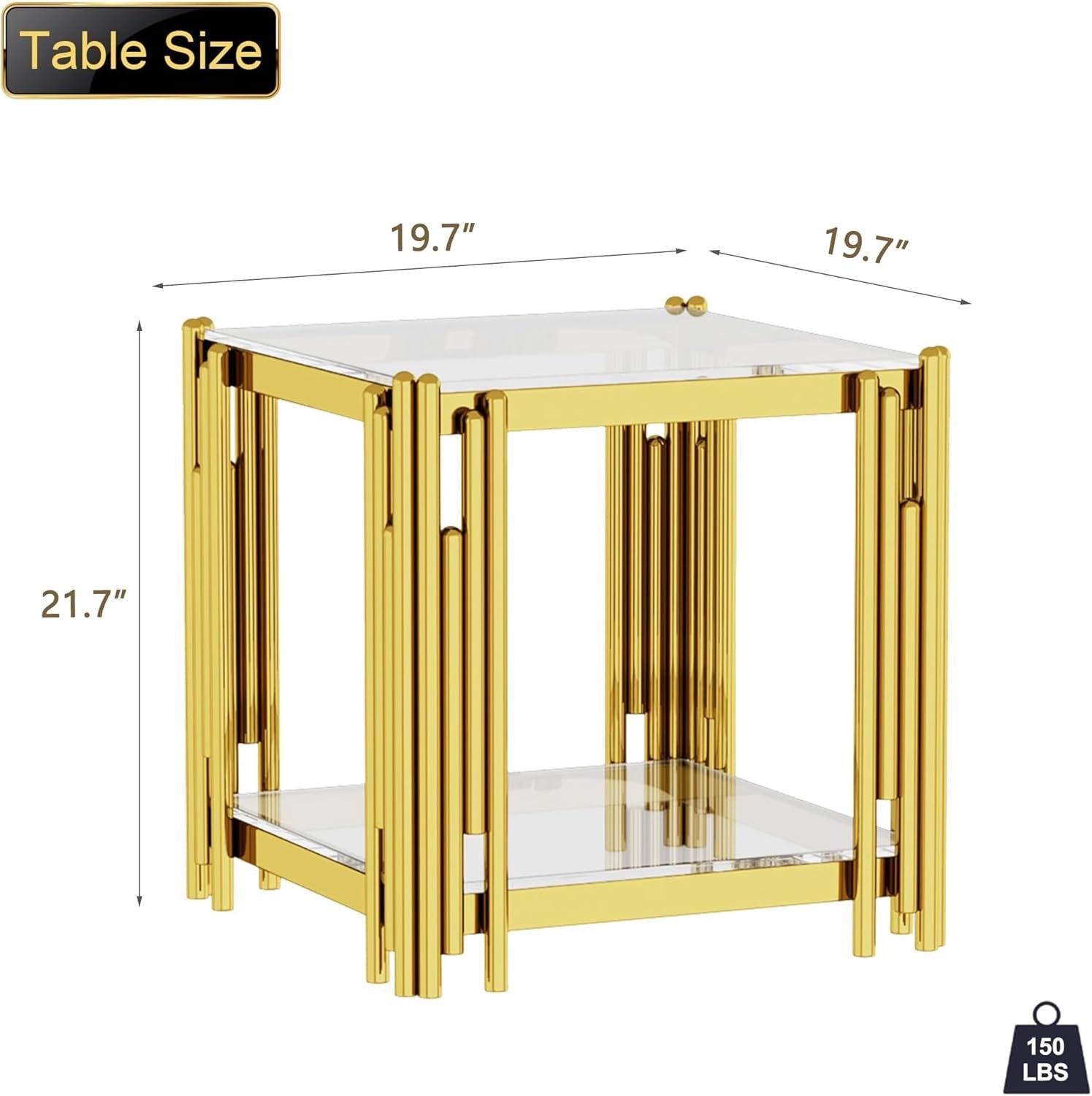 Luxury Gold Square Glass End Table 19.7" | Modern Stainless Steel Side Table with Clear Tempered Glass