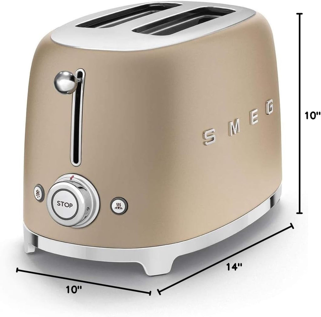 SMEG 2-Slice Toaster | Retro Luxury Toaster with 6 Presets & Defrost Function (Matte Champagne)