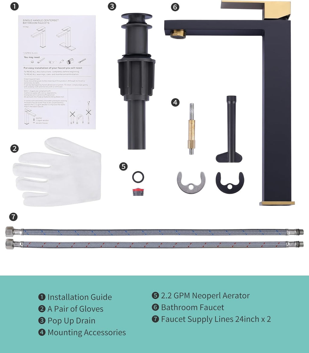 ARCORA Black & Gold Tall Vessel Sink Faucet | Single Handle Bathroom Mixer Tap with Pop-Up Drain