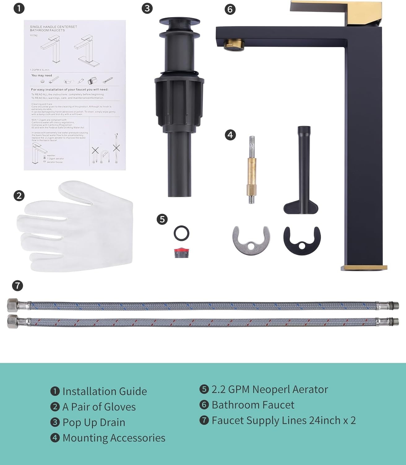 ARCORA Black & Gold Tall Vessel Sink Faucet | Single Handle Bathroom Mixer Tap with Pop-Up Drain