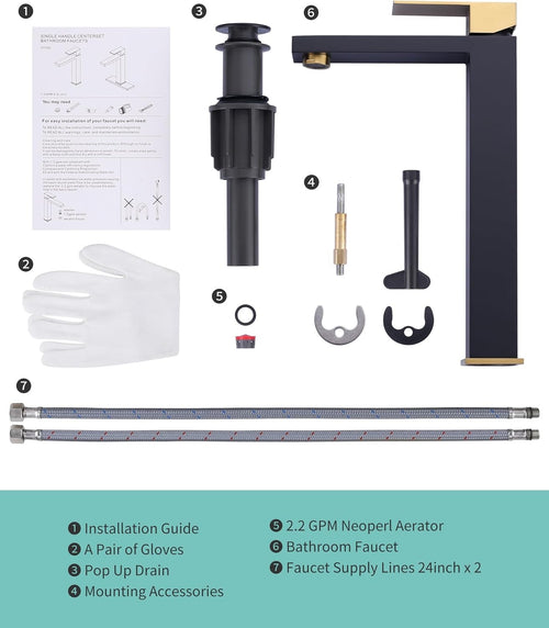 ARCORA Black & Gold Tall Vessel Sink Faucet | Single Handle Bathroom Mixer Tap with Pop-Up Drain