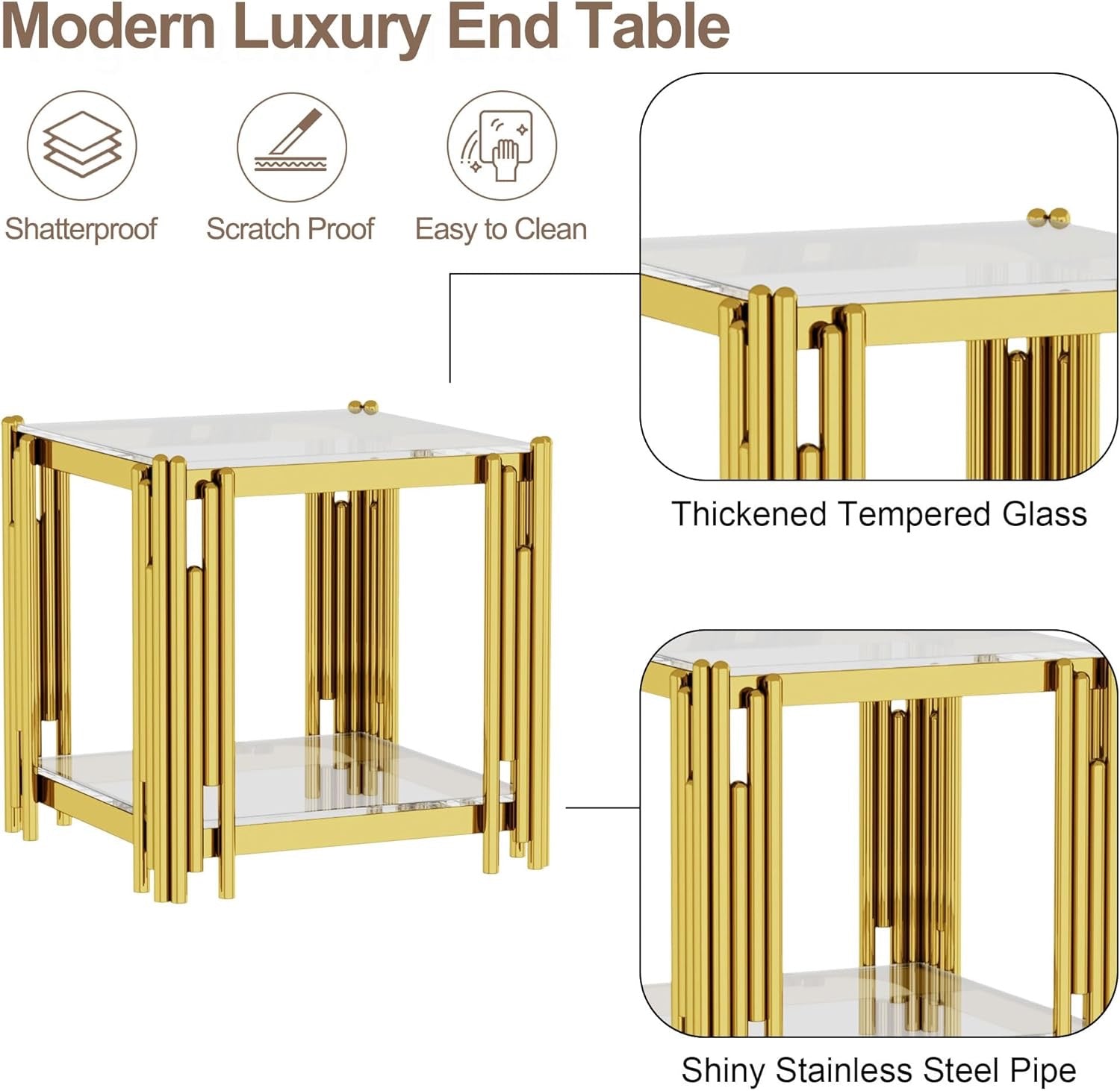 Luxury Gold Square Glass End Table 19.7" | Modern Stainless Steel Side Table with Clear Tempered Glass