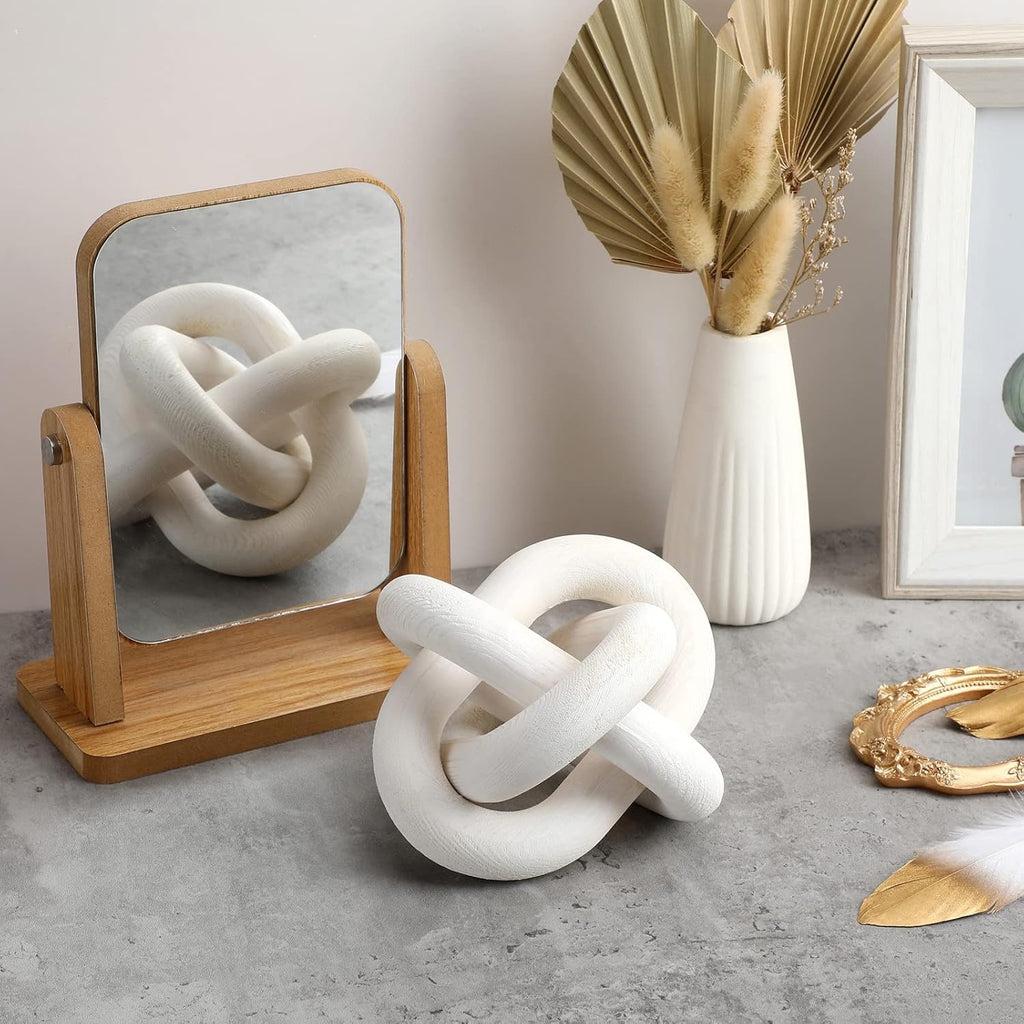 3-Link Wooden Knot Decor | Hand-Carved Rustic White Chain Link Coffee Table Accent