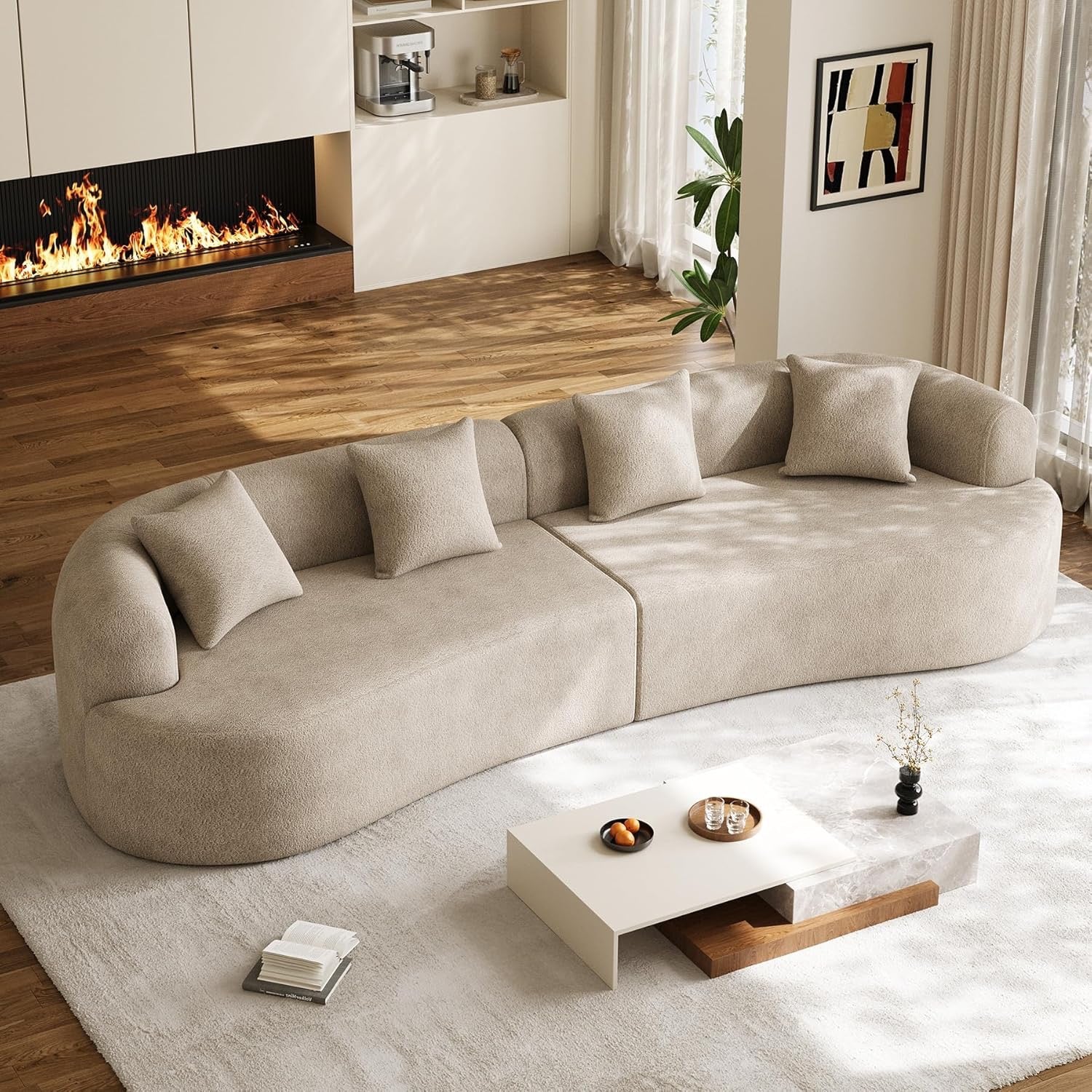 131” Oversized Curved Cloud Sectional Sofa | Plush Chenille Deep Seat Modern Lounge Couch (Light Brown)