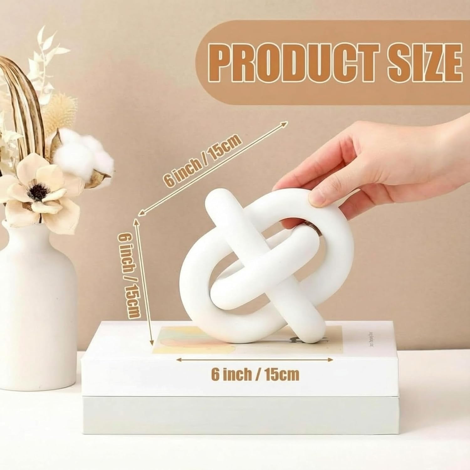 3-Link Wooden Knot Decor | Hand-Carved Rustic White Chain Link Coffee Table Accent