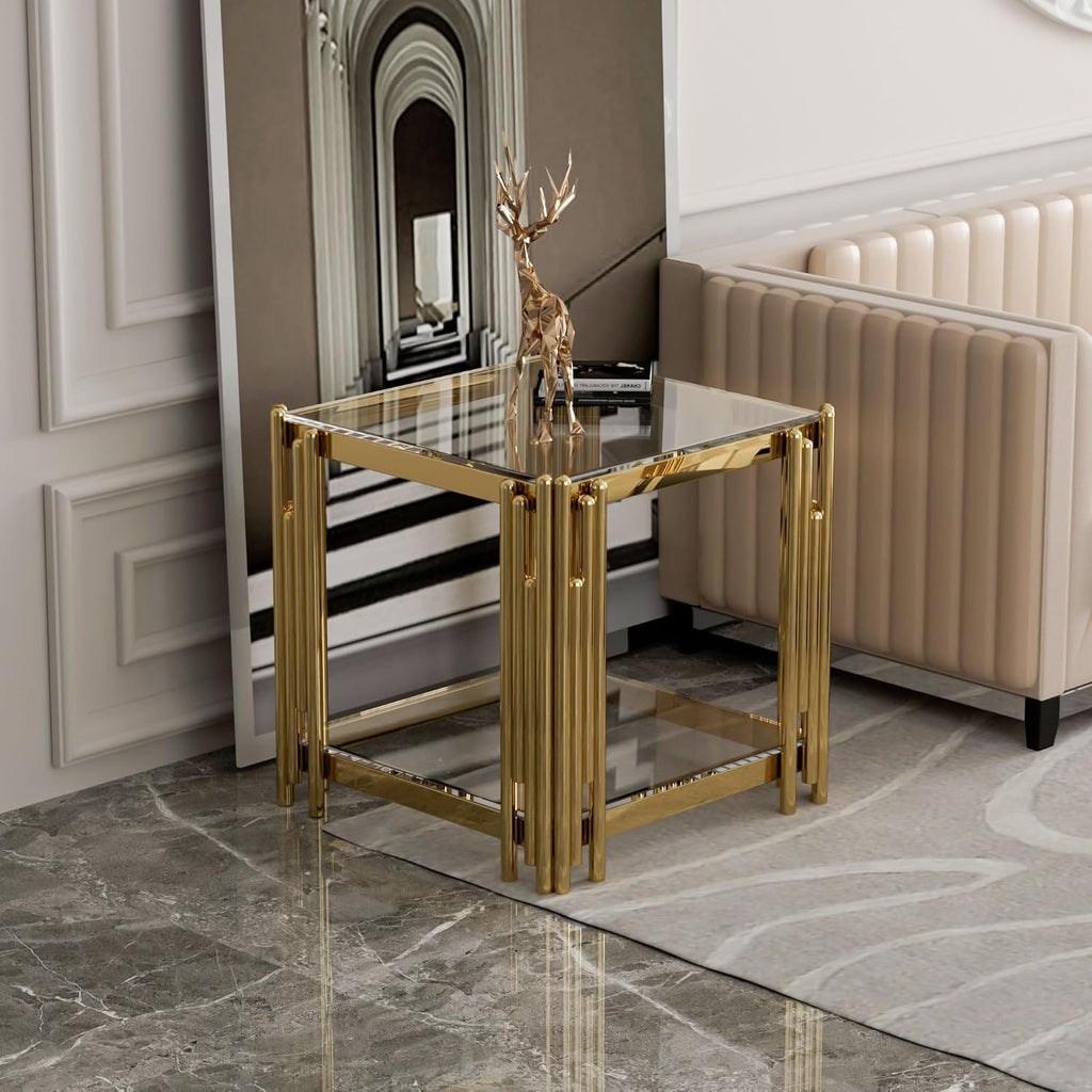 Luxury Gold Square Glass End Table 19.7" | Modern Stainless Steel Side Table with Clear Tempered Glass