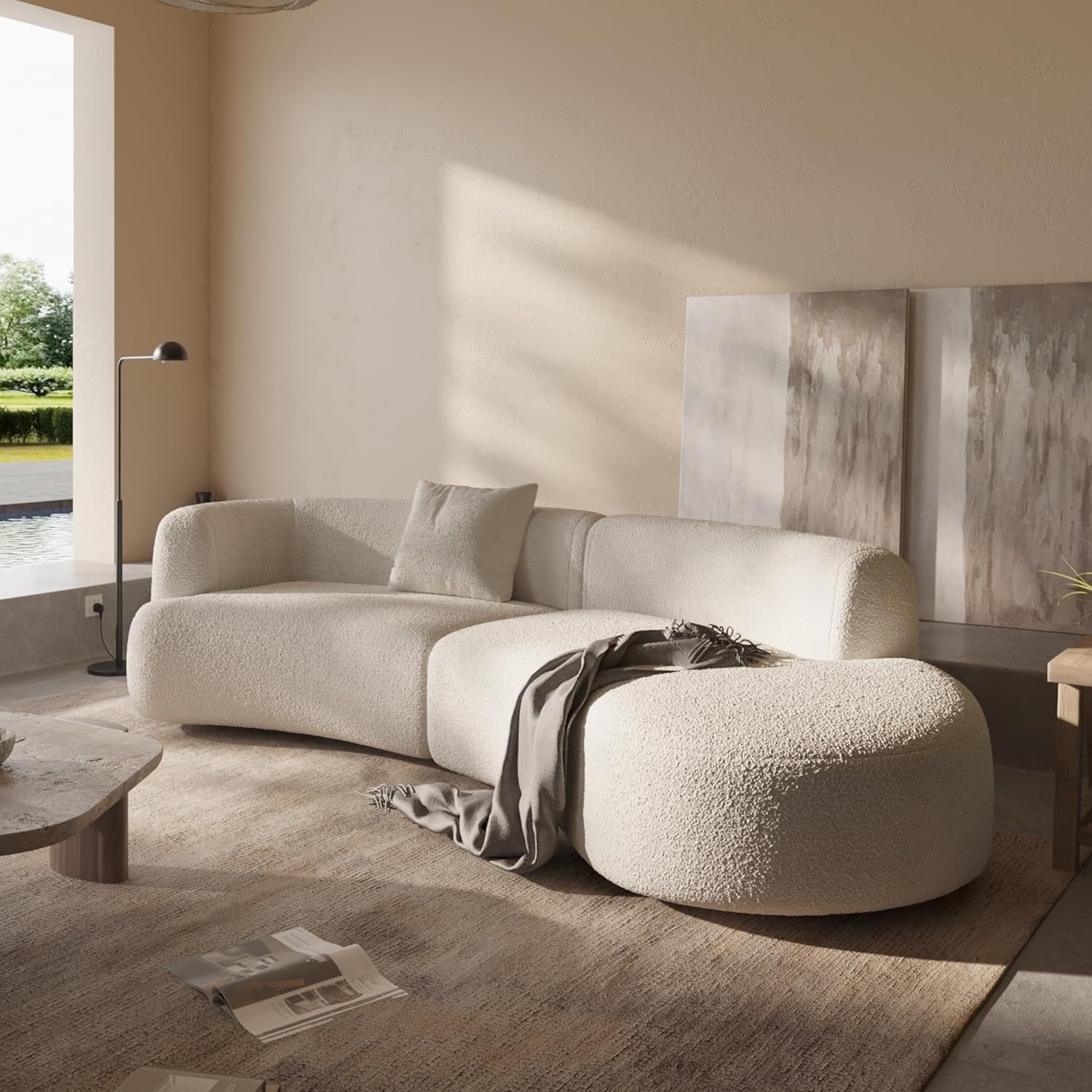 Acanva 114" Curved Bouclé Sectional Sofa | Modern Modular White Couch (Right-Hand Facing)
