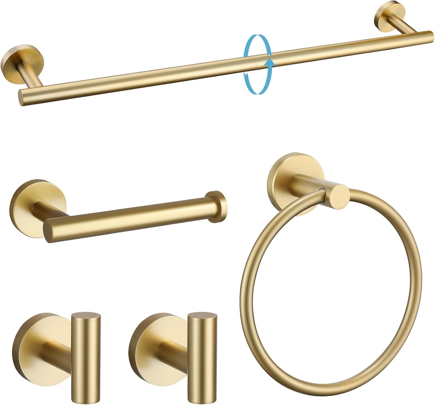 TURS Brushed Gold 5-Piece Bathroom Hardware Set | 24” SUS304 Stainless Steel Round Wall-Mounted Towel Bar Kit