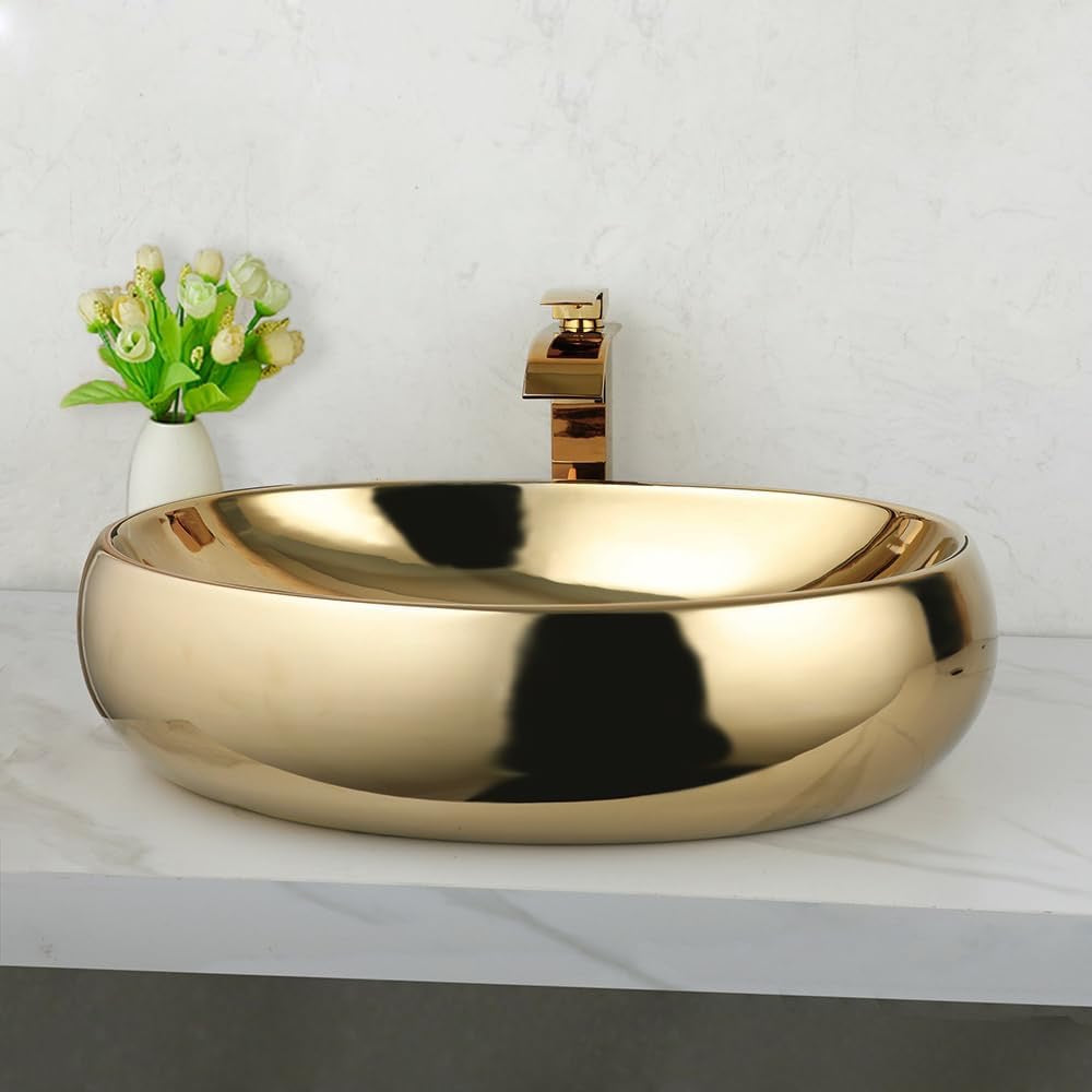 23 Inch Gold Ceramic Vessel Sink with Waterfall Faucet | Oval Above Counter Bathroom Sink with Pop-Up Drain