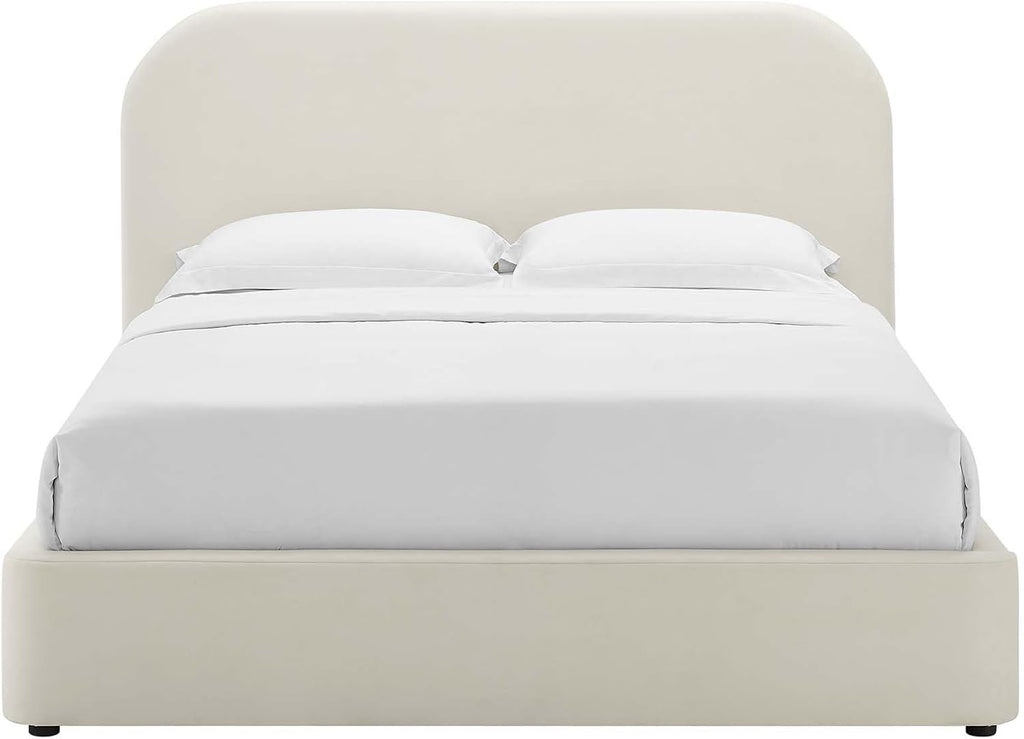 Modway Keynote King Upholstered Platform Bed | Curved Low-Profile Alabaster Velvet Cloud Frame