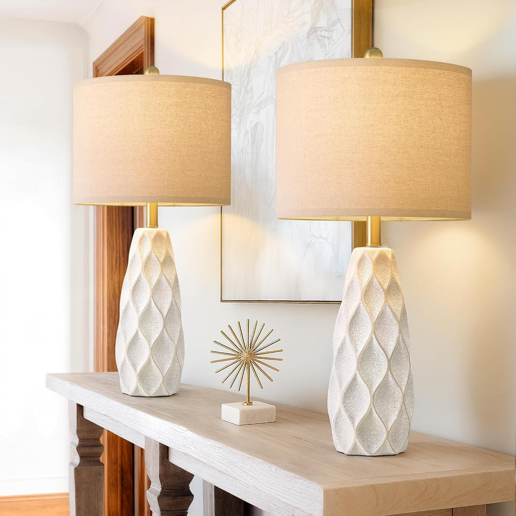27.5″ Ceramic Table Lamps (Set of 2) | Modern Boho Bedside & Living Room Lamps (White)