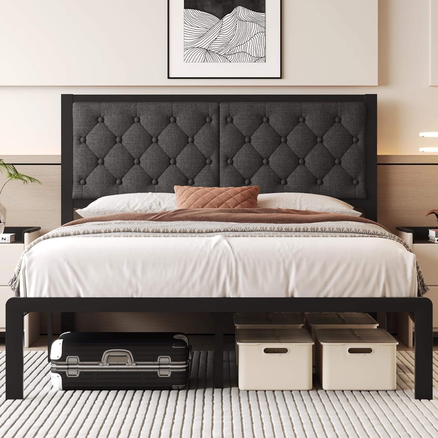 Queen Linen Upholstered Platform Bed Frame | Metal Slat Support Bed with Headboard (Grey)