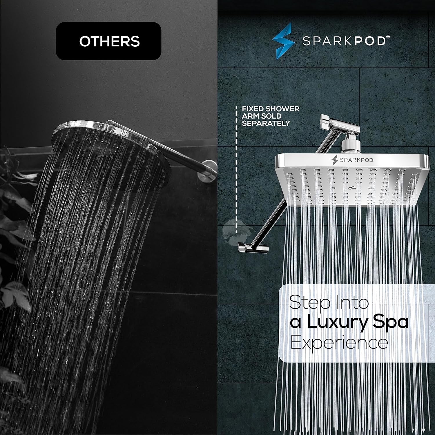 SparkPod Square Rain Shower Head with 16” Extension Arm | High-Pressure Chrome Rainfall Showerhead