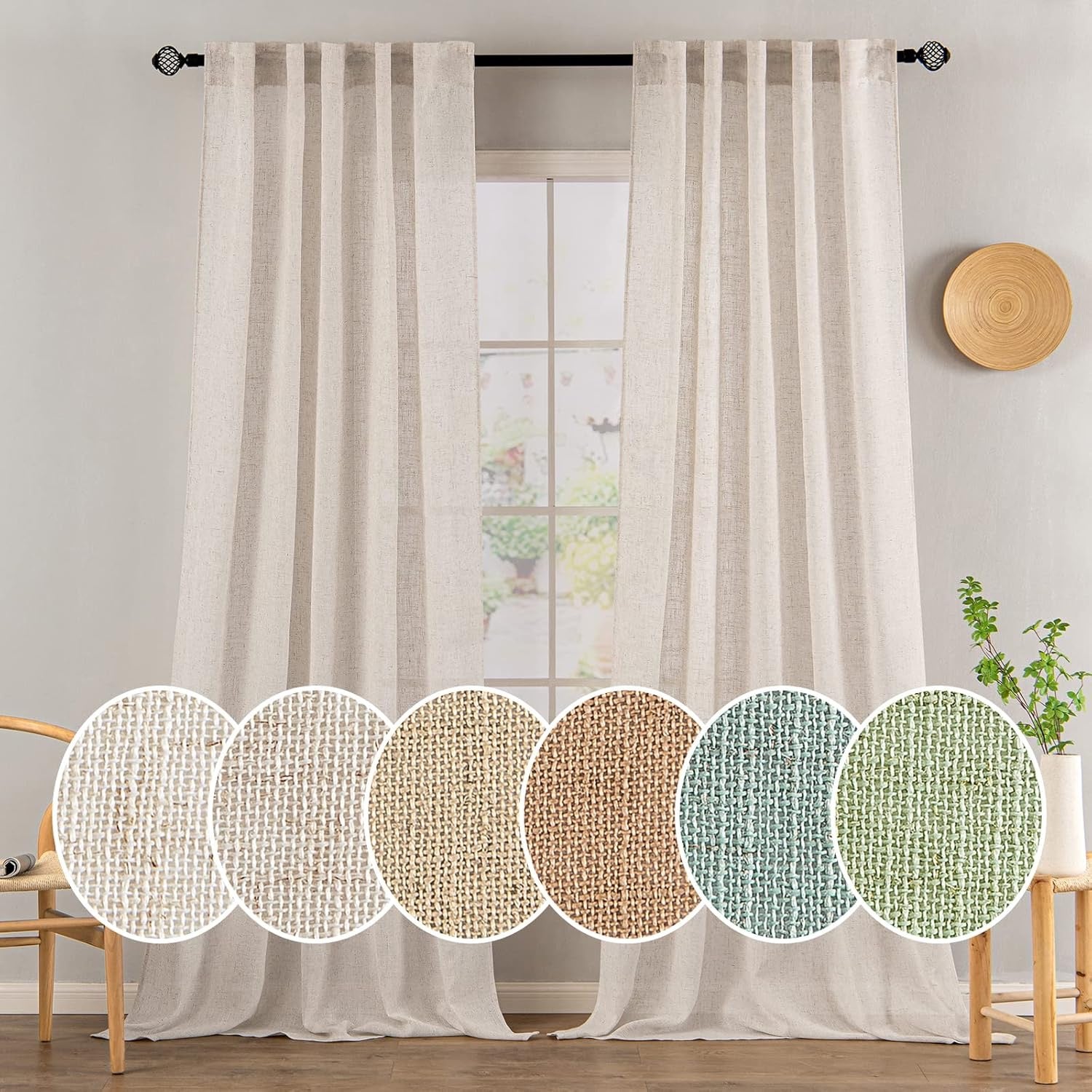 MIULEE Natural White Linen Curtains – 90-Inch Semi-Sheer Light Filtering Drapes for Living Room & Bedroom